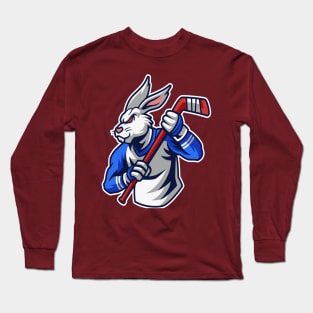 Rabbit Hockey Player Mascot & Sport pattern Long Sleeve T-Shirt